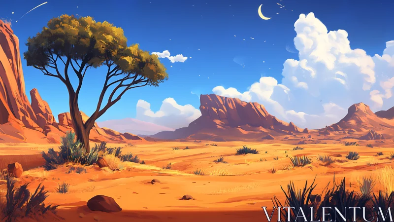 Sunlit desert mesa dreams beneath a crescent-blue sky.