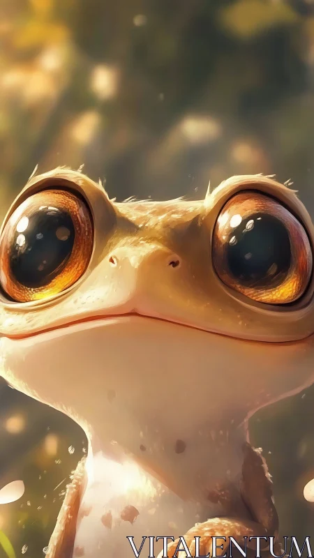 Wide eyed cartoon frog close up with soft golden bokeh.