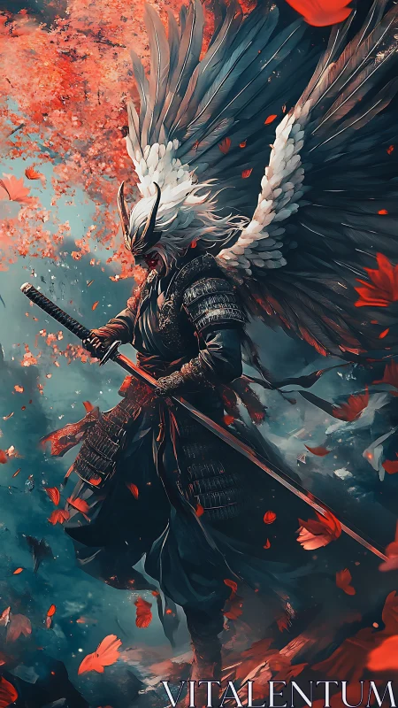 Winged samurai warrior stands amid swirling scarlet petals.