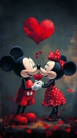 Mickey and Minnie Mouse Romantic Kiss with Glowing Heart.