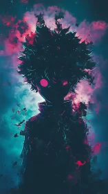 Neon storm halo crowns a silent, glitch-bright silhouette