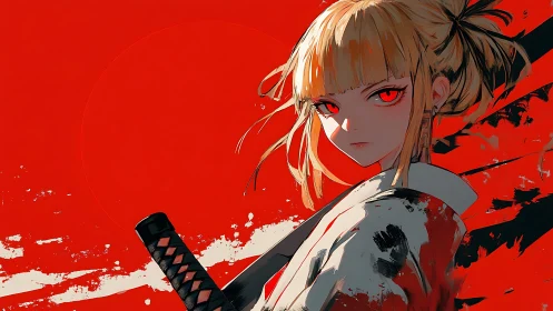 Crimson sky samurai girl framed in bold, blazing color.