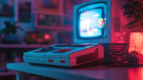 Retro Gaming Console with CRT Monitor in Neon Cyberpunk Environment Setup