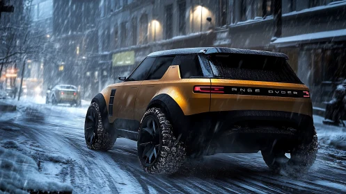 Concept urban off-road SUV in heavy night snowfall, rear view