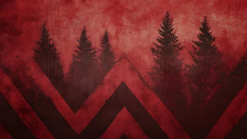 Dark conifer silhouettes on distressed red chevron ground