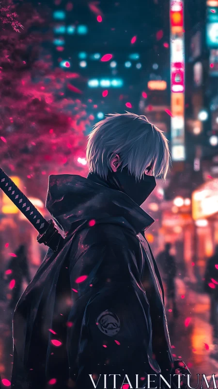 Masked swordsman in neon city with drifting petals.
