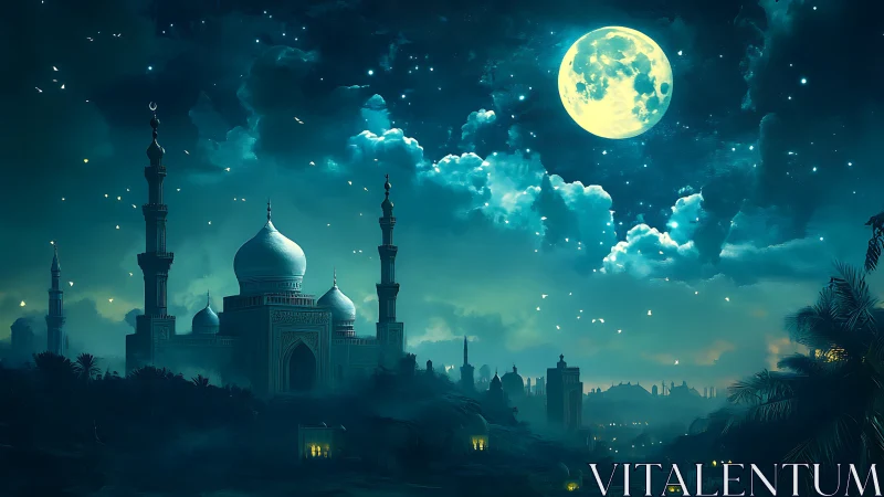 Moonlit palace skyline glows beneath luminous turquoise clouds.