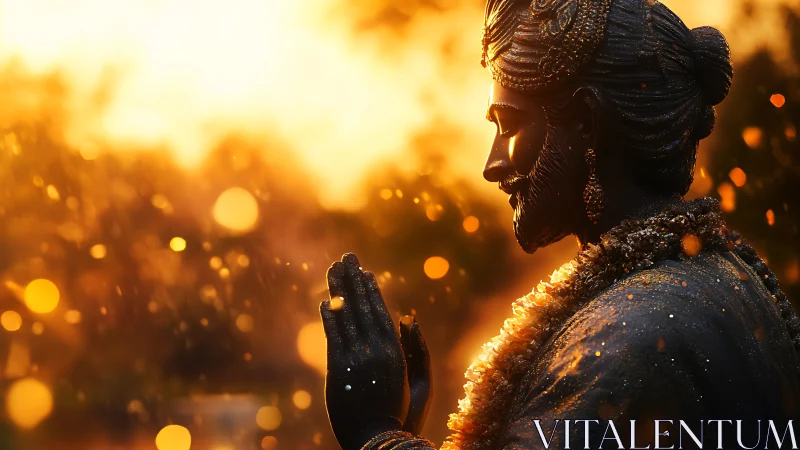 Golden backlight sculpts praying deity statue in warm bokeh field