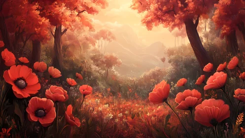 Luminous Poppy Valley at Sunset: Digital Landscape.
