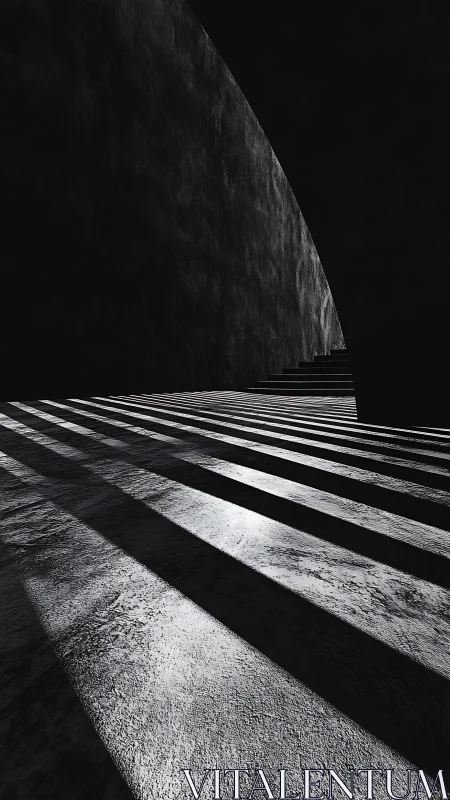 Monochrome concrete passage with striped light shadows.
