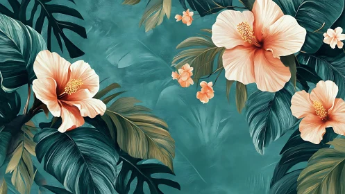 Tropical Hibiscus Blooms Flourish Against Teal Foliage Background