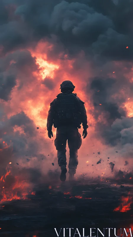 Armored soldier silhouette advances through incendiary smoke field