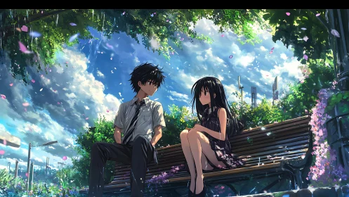Summer anime couple on sunlit park bench under blossoms.