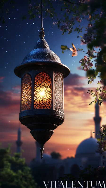 Ornate lantern illuminates dusk sky above distant mosque
