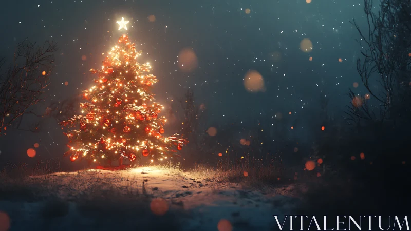 Winter forest Christmas tree glowing in falling snow.