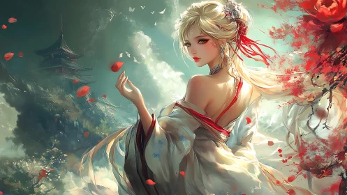 Backlit kimono-clad heroine amid dynamic petals and misty pagoda