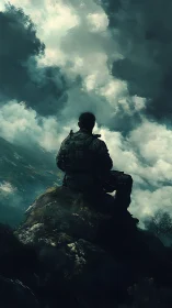 Solitary soldier rests quietly beneath a stormy painted sky