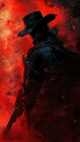Lone gunslinger silhouette against red abstract backdrop.