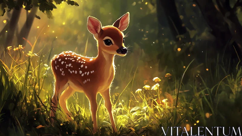 Sunlit fawn quietly discovers a glittering forest doorway
