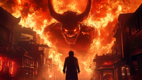 Streetlit inferno showdown with a horned titan of flame.