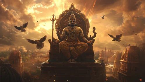 Sun-drenched temple monarch sits enthroned above stormy skies