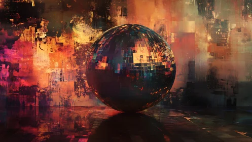 Glowing mosaic sphere anchors an abstract cybernetic interior