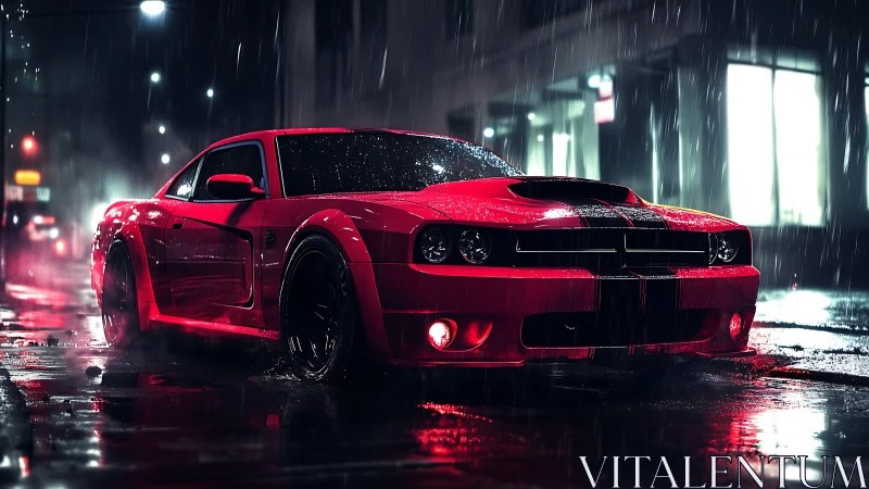 Crimson muscle car prowls neon rainlit midnight streets.