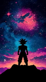 Stargazing warrior silhouetted against neon cosmic skies.
