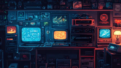 Retro command center glows with neon-lit vintage tech.