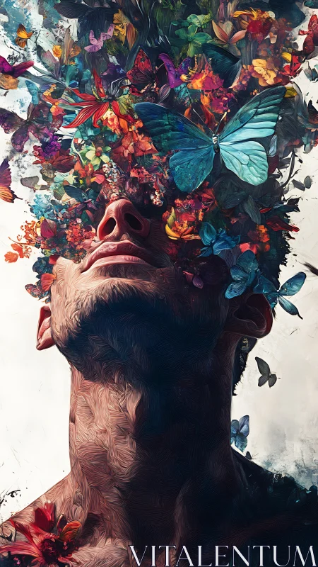 Surreal portrait of man with head dissolving into butterflies.