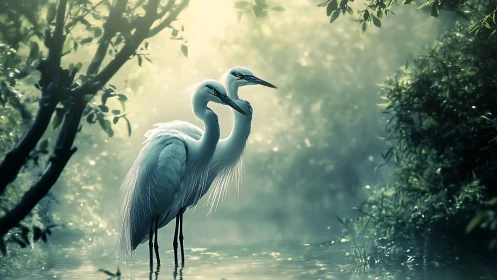 Two white herons standing in shallow misty wetland water.