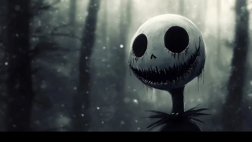Haunting skeleton figure smiles softly in a misty winter wood