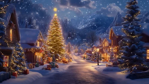 Snowlit village avenue wrapped in twinkling Christmas wonder.