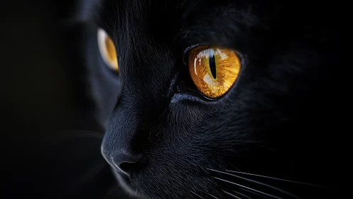 Black Cat with Striking Golden Eyes Against Dark Background