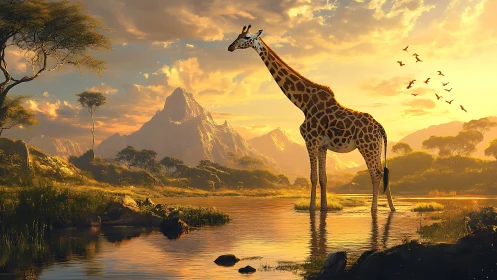 Giraffe in reflective savanna water at golden sunset light