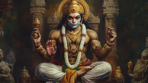 Digital painting of Hanuman deity in ornate temple shrine