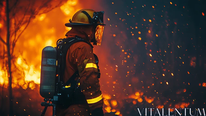 Firefighter Positioned Against Intense Wildfire Blaze