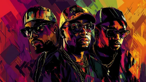 Neon hip hop trio portrait in abstract urban color field.
