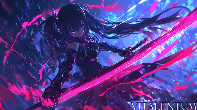 Neon katana warrior in dynamic blue and magenta combat scene.