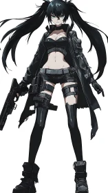 Dual-wielding anime warrior stands in tactical black gear.