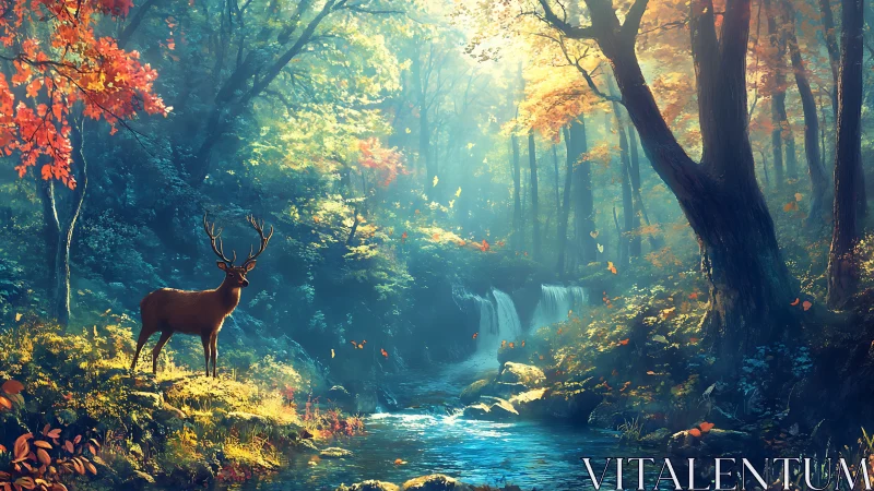 Majestic Deer in Enchanted Forest with Waterfall, Digital Art.