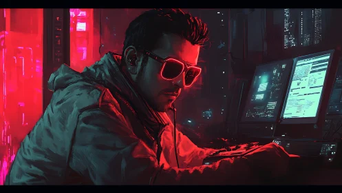 Cyberpunk hacker leans into neon code and glowing screens.