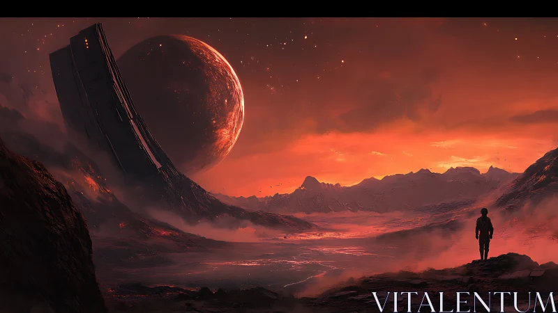 Stellar rupture over alien lava plain with monolith horizon.