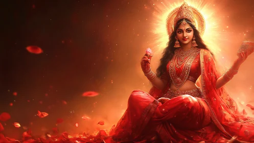 Radiant goddess in red seated amid drifting rose petals.