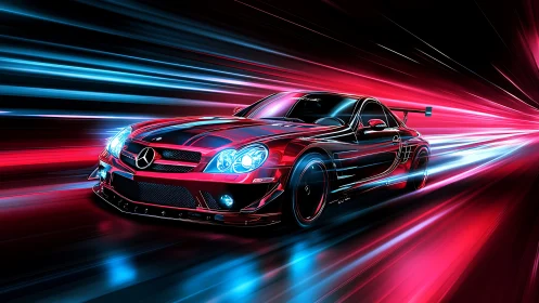 Neon sprinting supercar in electric red and cyan motion tunnel.