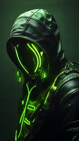 Hooded cyber figure with neon green illuminated visor.