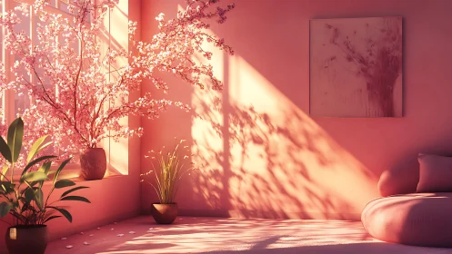 Serene pink room captures cherry blossoms in warm sunlight