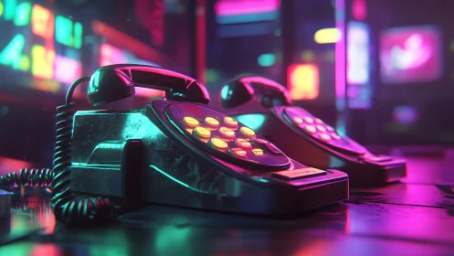 Retro desk telephones under neon city lights at night scene.