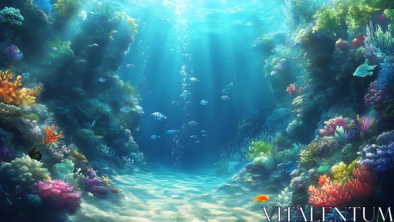 Digital painting of sunlit coral canyon with tropical marine life.
