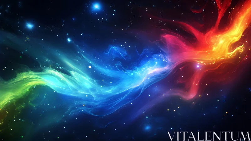 Multicolored nebula streams across deep star field space.